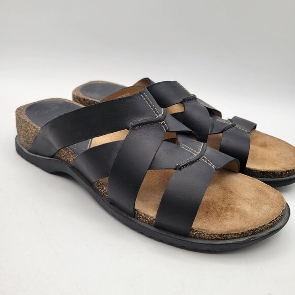Clarks Black Slide Slip On Strappy Leather Comfort Sandals Arch Support Sz 8.5 - Picture 1 of 9